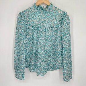 Rebecca Taylor Floral Ruffle Yoke Long Sleeve Top Blue Cream romantic
